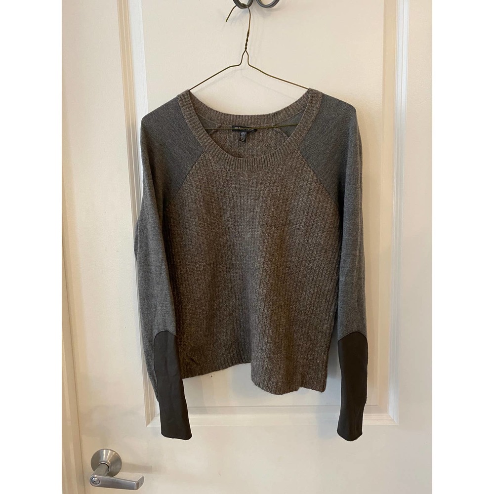 Eileen Fisher Women's Medium Ash Scoop Neck Sweater Top Leather Trim